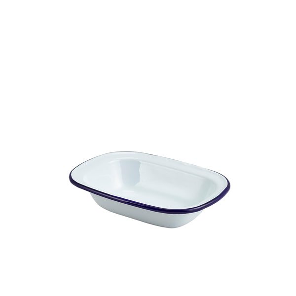 Enamel Rect. Pie Dish White & Blue 18cm
